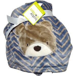 Baby Starters Blue Chevron Bear Face Blanket Brown Tan Soft Lovey Zig Zag NWT